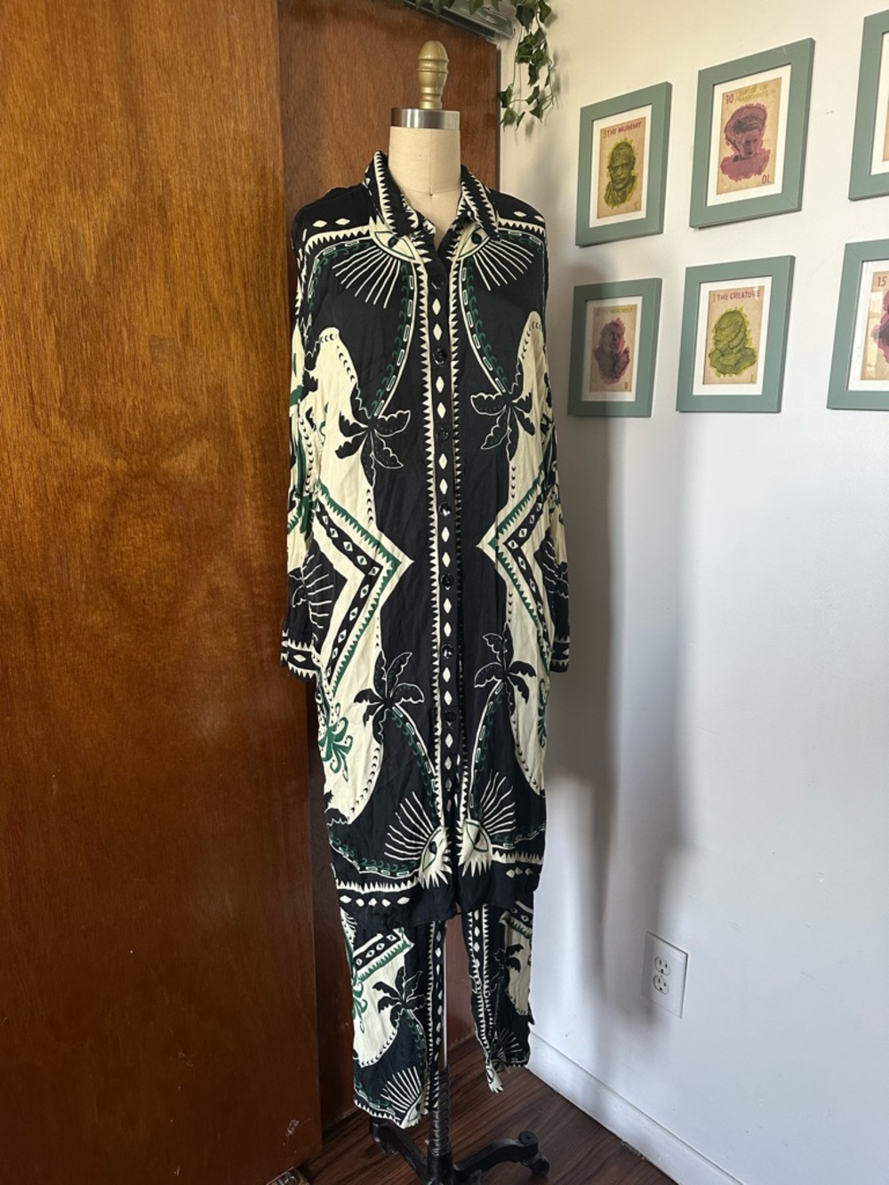 Rare Farm Rio Mystic Scarf Midi Black Shirt Dress with matching pants XL